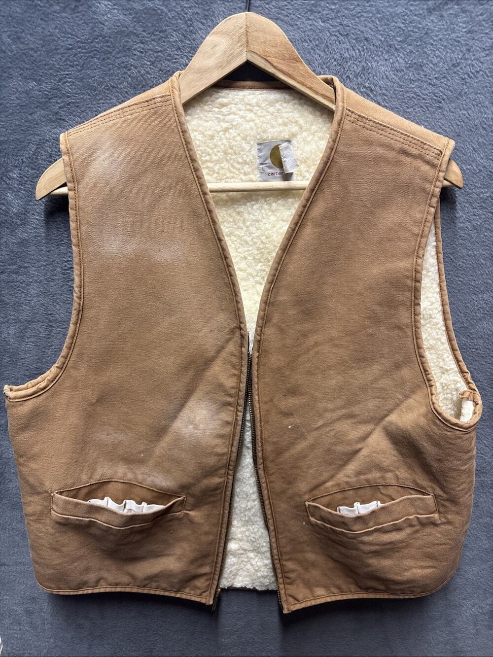 Rare VTG CARHARTT Sherpa Lined Full Zip Denim Vest Jacket 80s 90s USA Brown L